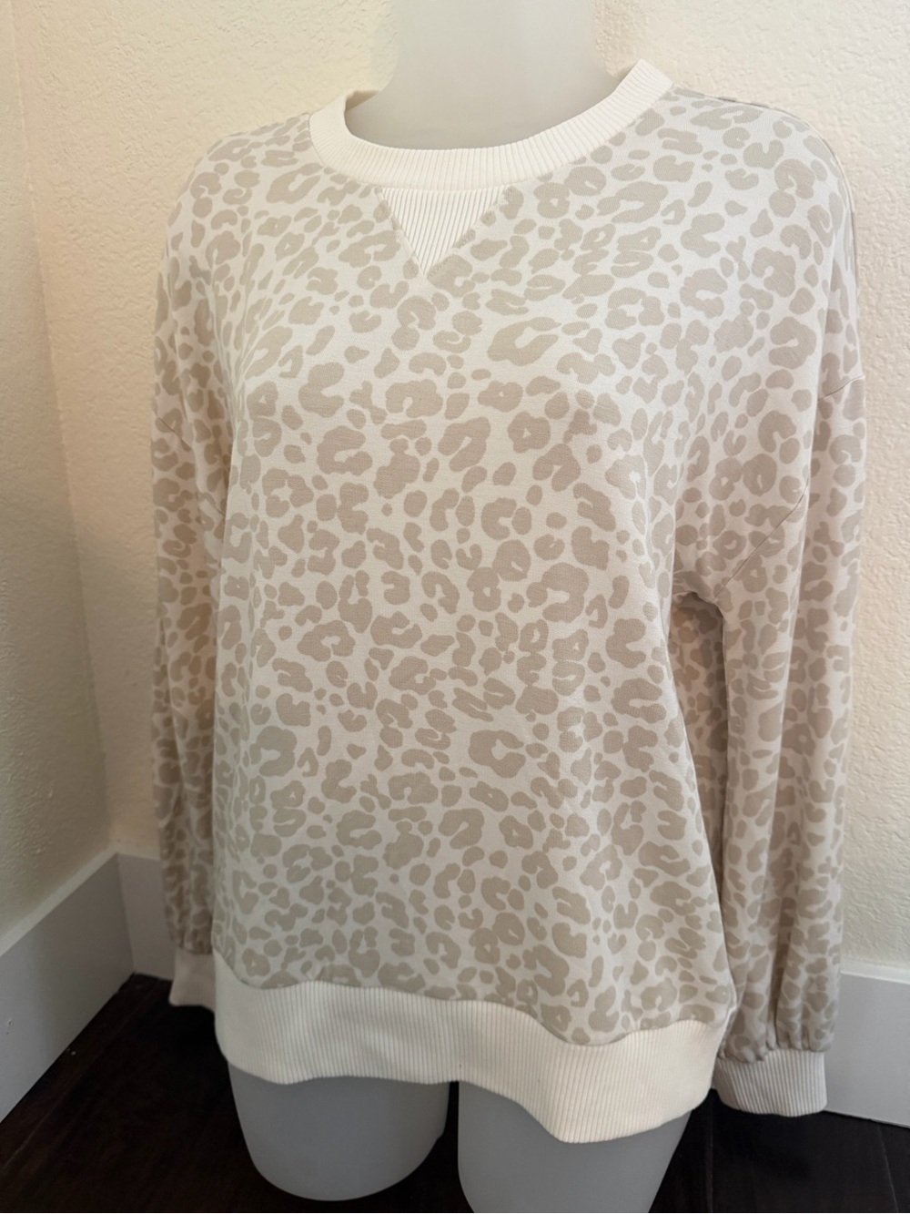 LOFT Cream and Light Taupe Leopard Crewneck Sweater
